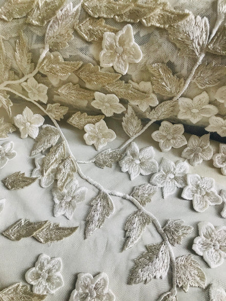 White, Silver European Embroidered Tulle- Bridal- 57" (502)