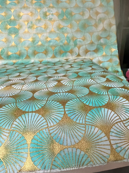 Aqua from Golden Vibes- 100% Cotton- 44” Wide- Gold Metallic