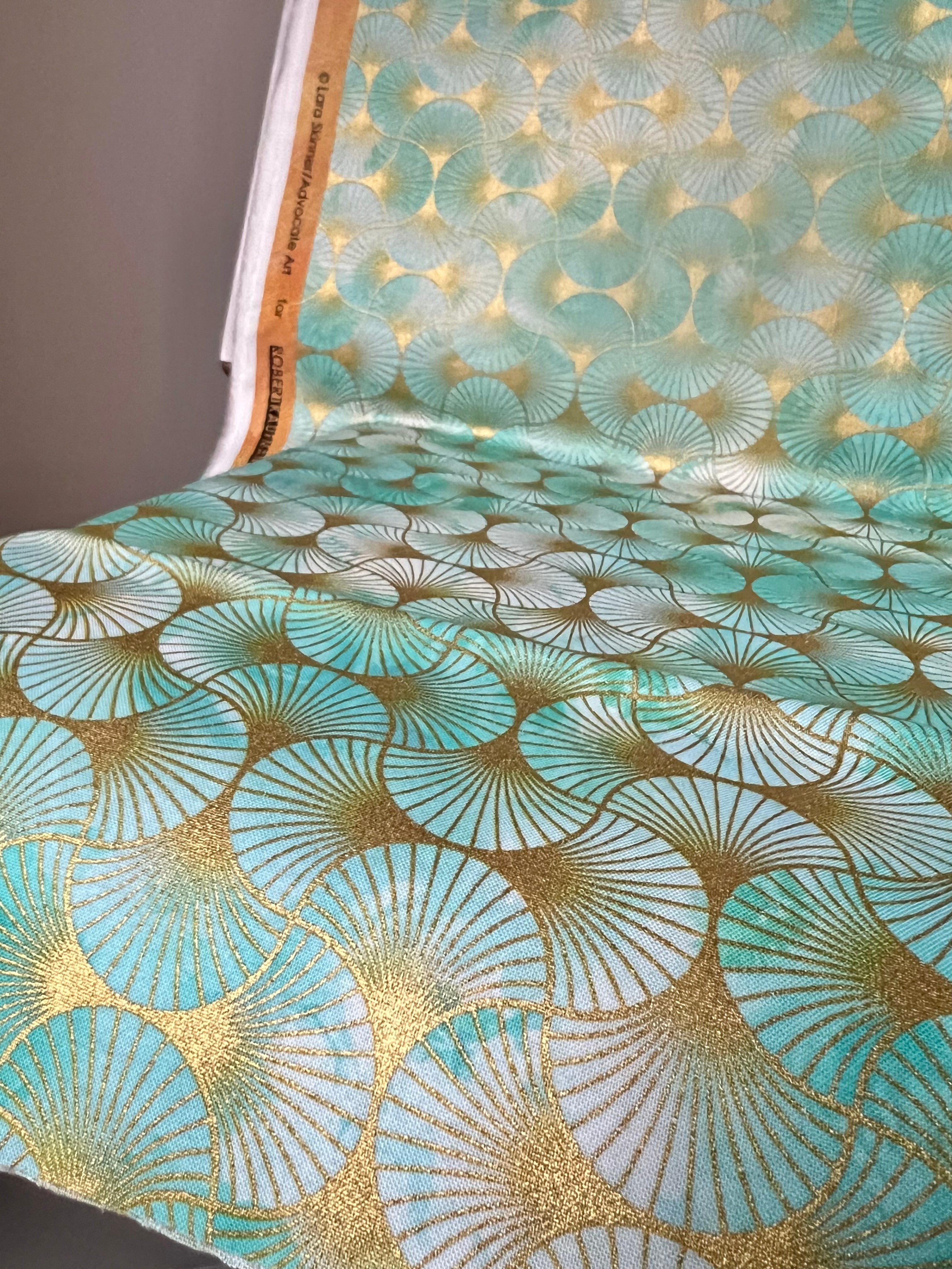 Aqua from Golden Vibes- 100% Cotton- 44” Wide- Gold Metallic