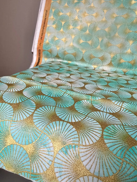 Aqua from Golden Vibes- 100% Cotton- 44” Wide- Gold Metallic