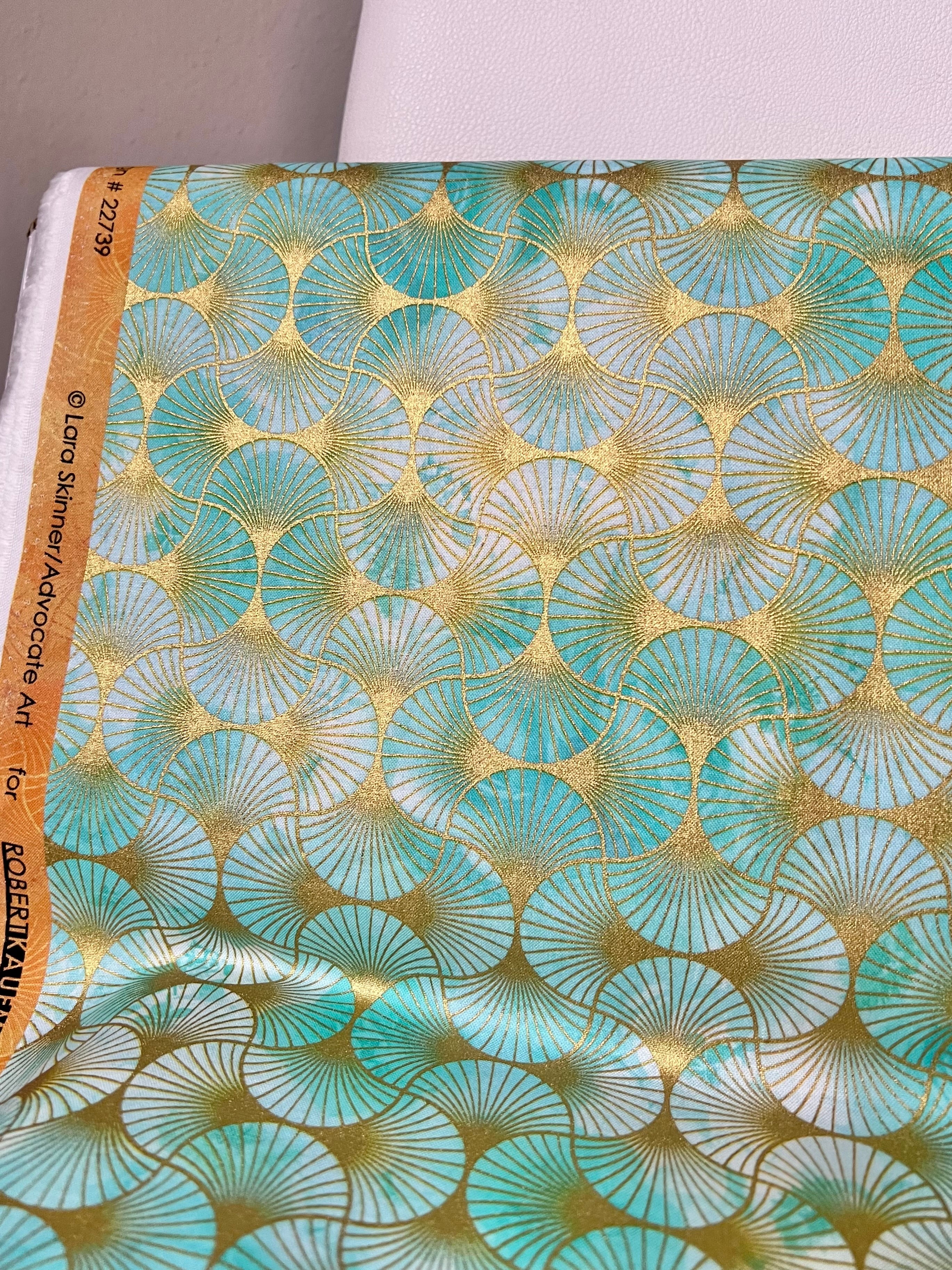Aqua from Golden Vibes- 100% Cotton- 44” Wide- Gold Metallic