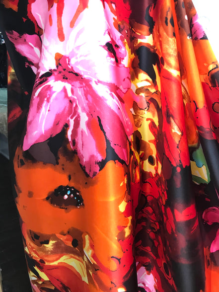 343 Red Floral Fusion Silk Charmeuse- 45"
