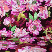 Magenta, Coral, Green on Dark Burgundy, Large Florals- 44” Wide Cotton Fabric- “Plum