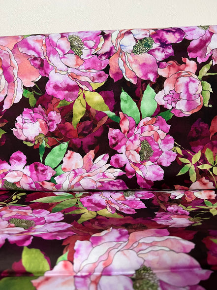Magenta, Coral, Green on Dark Burgundy, Large Florals- 44” Wide Cotton Fabric- “Plum"