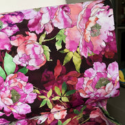 Magenta, Coral, Green on Dark Burgundy, Large Florals- 44” Wide Cotton Fabric- “Plum