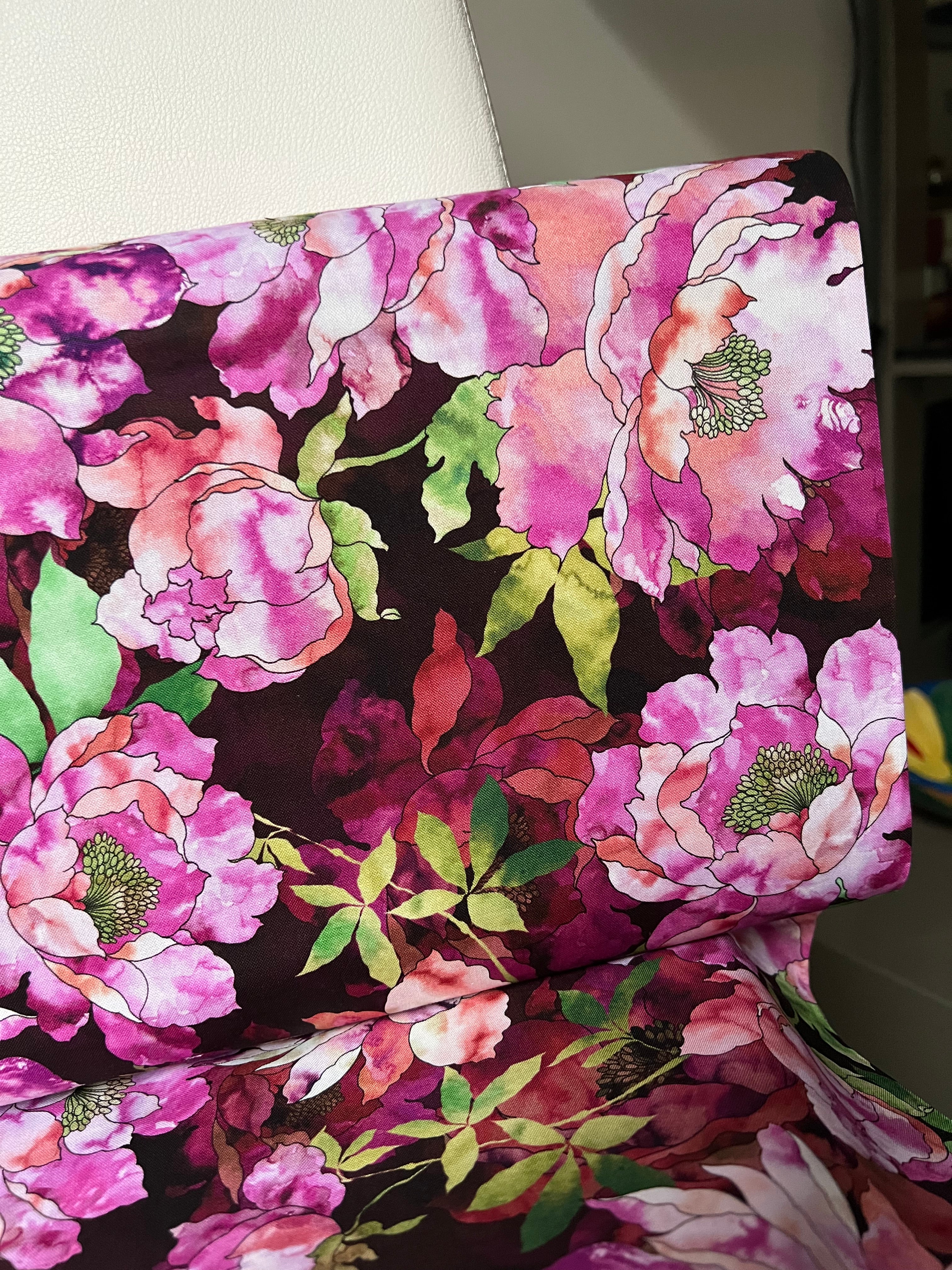 Magenta, Coral, Green on Dark Burgundy, Large Florals- 44” Wide Cotton Fabric- “Plum