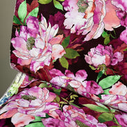 Magenta, Coral, Green on Dark Burgundy, Large Florals- 44” Wide Cotton Fabric- “Plum