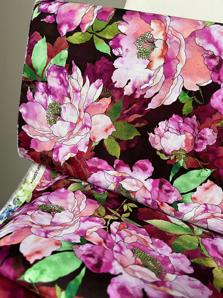 Magenta, Coral, Green on Dark Burgundy, Large Florals- 44” Wide Cotton Fabric- “Plum"