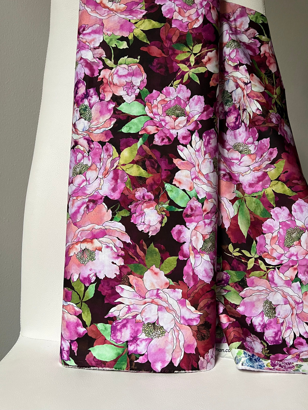 Magenta, Coral, Green on Dark Burgundy, Large Florals- 44” Wide Cotton Fabric- “Plum