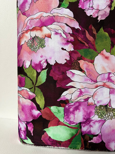 Magenta, Coral, Green on Dark Burgundy, Large Florals- 44” Wide Cotton Fabric- “Plum"