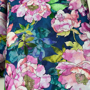 Orchid, Coral, Green, Teal on Dark Blue, Large Florals- 44” Wide Cotton Fabric- “Hydrangea