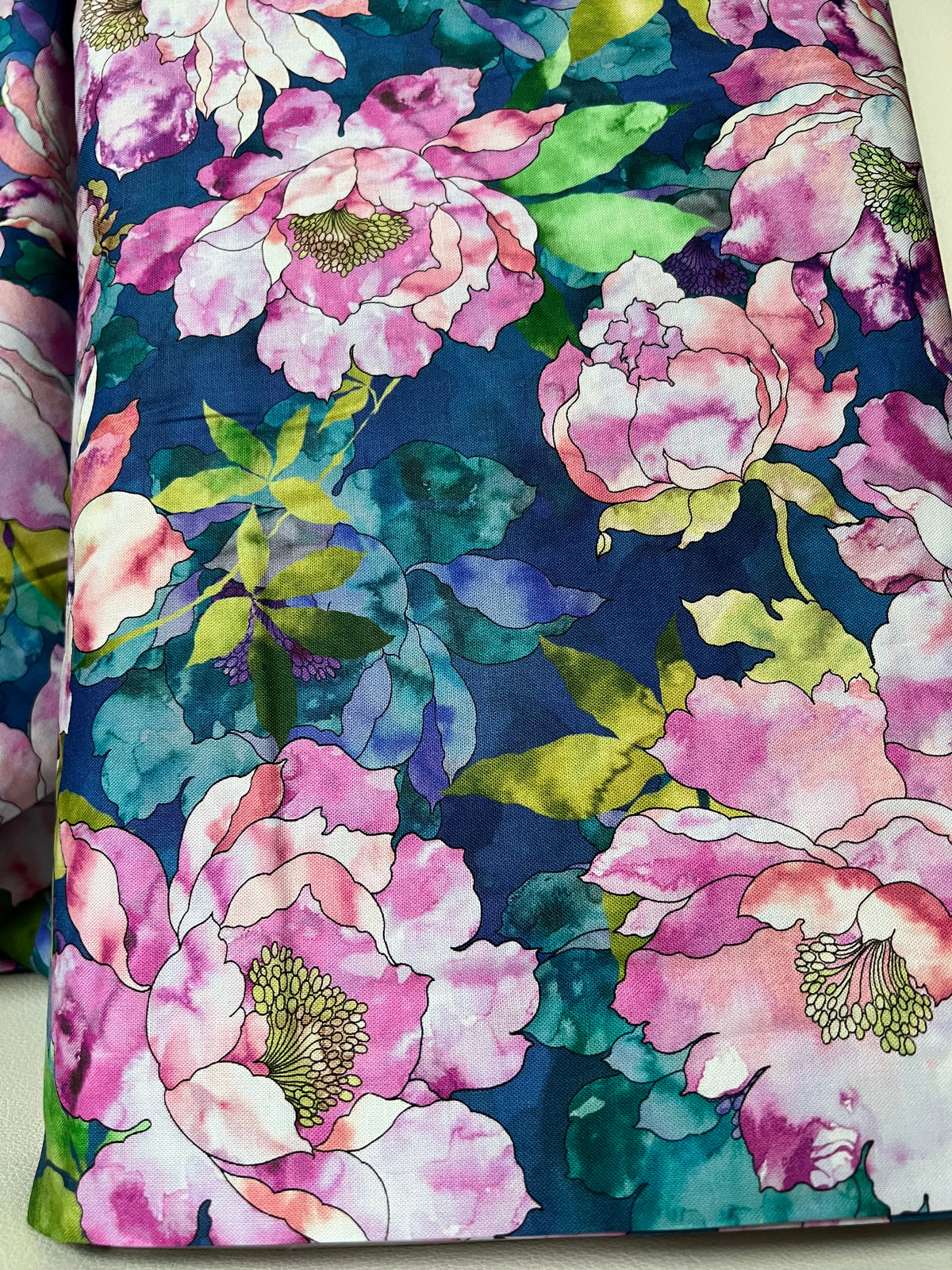 Orchid, Coral, Green, Teal on Dark Blue, Large Florals- 44” Wide Cotton Fabric- “Hydrangea