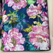 Orchid, Coral, Green, Teal on Dark Blue, Large Florals- 44” Wide Cotton Fabric- “Hydrangea