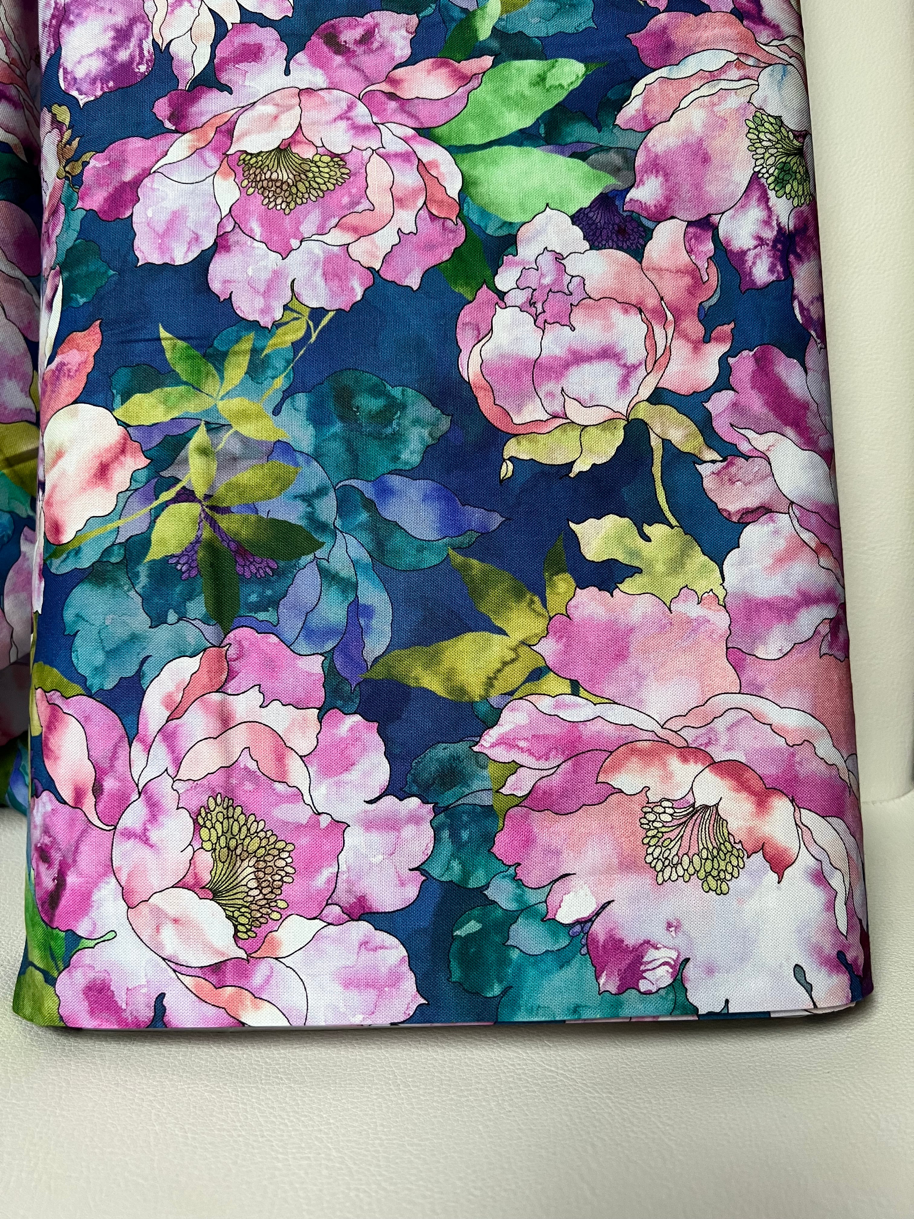 Orchid, Coral, Green, Teal on Dark Blue, Large Florals- 44” Wide Cotton Fabric- “Hydrangea