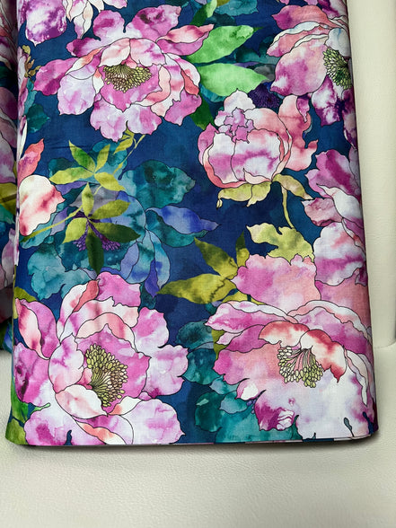 Orchid, Coral, Green, Teal on Dark Blue, Large Florals- 44” Wide Cotton Fabric- “Hydrangea"