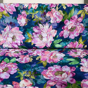 Orchid, Coral, Green, Teal on Dark Blue, Large Florals- 44” Wide Cotton Fabric- “Hydrangea