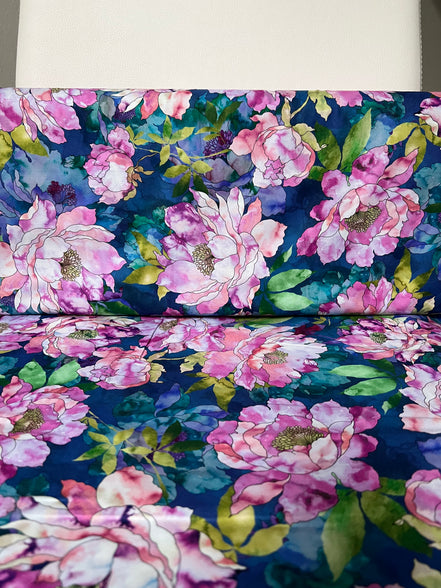 Orchid, Coral, Green, Teal on Dark Blue, Large Florals- 44” Wide Cotton Fabric- “Hydrangea"
