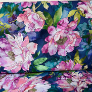Orchid, Coral, Green, Teal on Dark Blue, Large Florals- 44” Wide Cotton Fabric- “Hydrangea