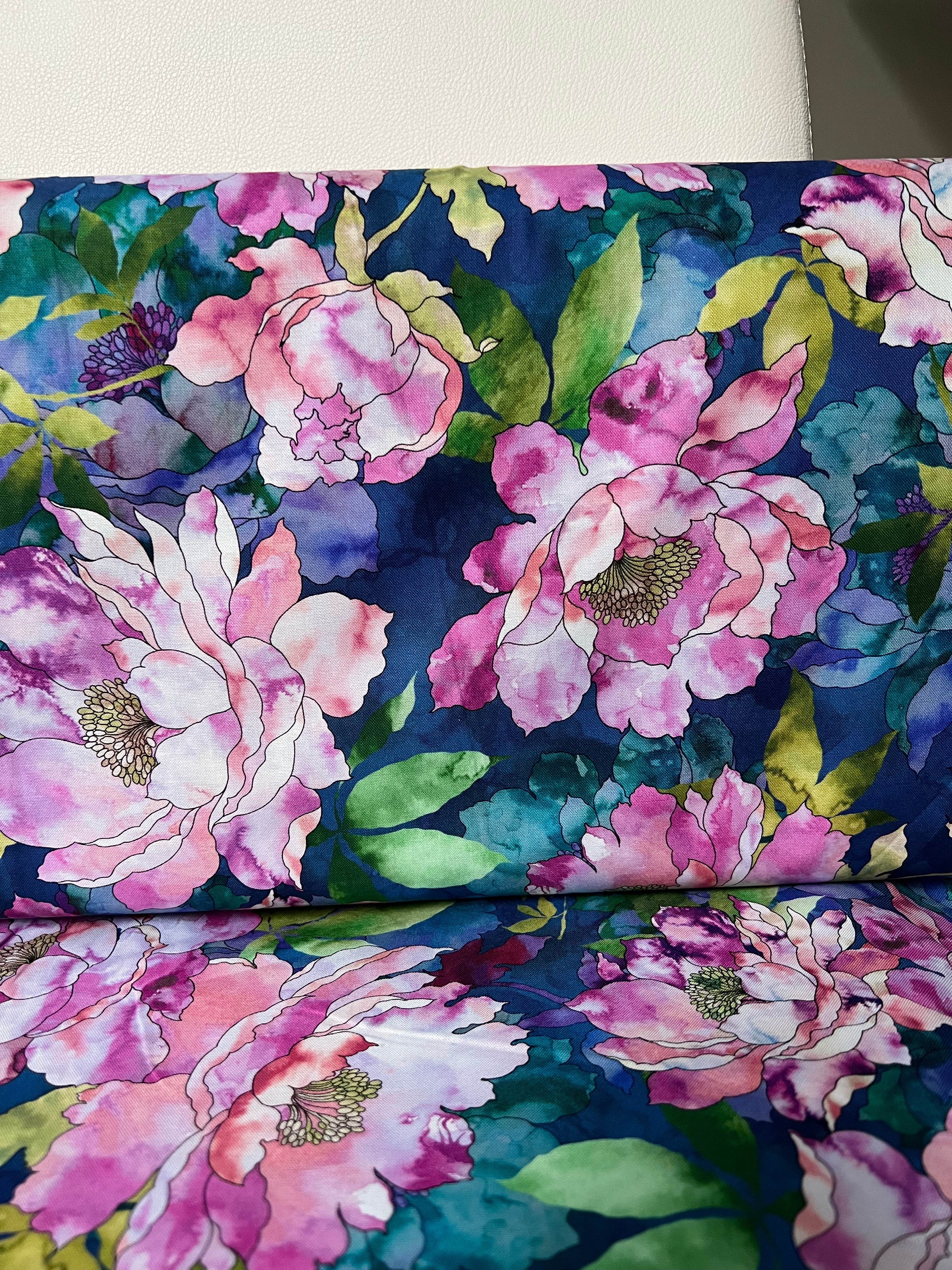 Orchid, Coral, Green, Teal on Dark Blue, Large Florals- 44” Wide Cotton Fabric- “Hydrangea