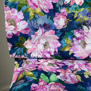 Orchid, Coral, Green, Teal on Dark Blue, Large Florals- 44” Wide Cotton Fabric- “Hydrangea