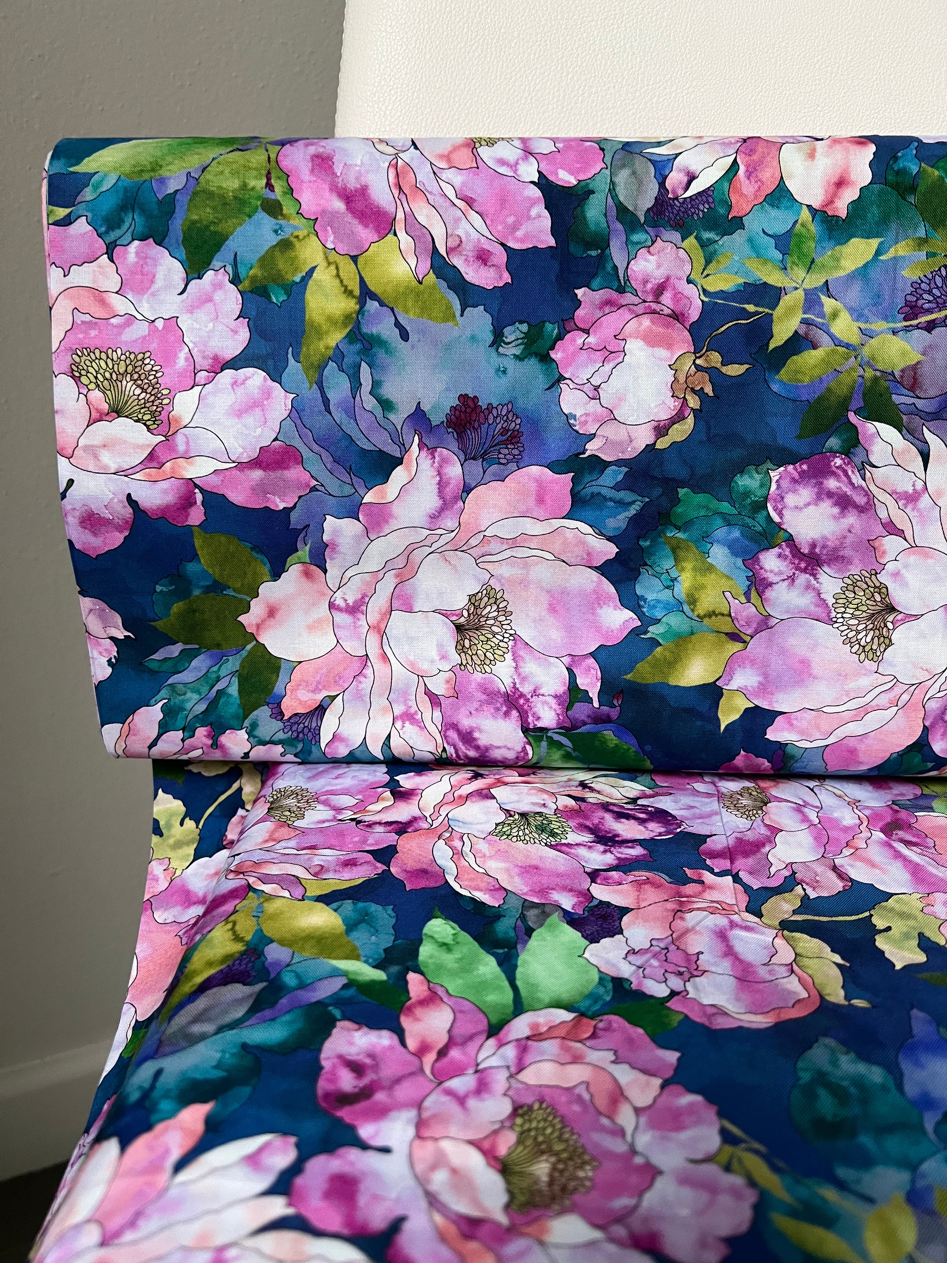 Orchid, Coral, Green, Teal on Dark Blue, Large Florals- 44” Wide Cotton Fabric- “Hydrangea