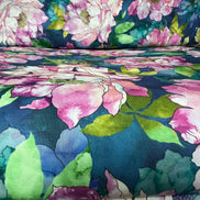 Orchid, Coral, Green, Teal on Dark Blue, Large Florals- 44” Wide Cotton Fabric- “Hydrangea