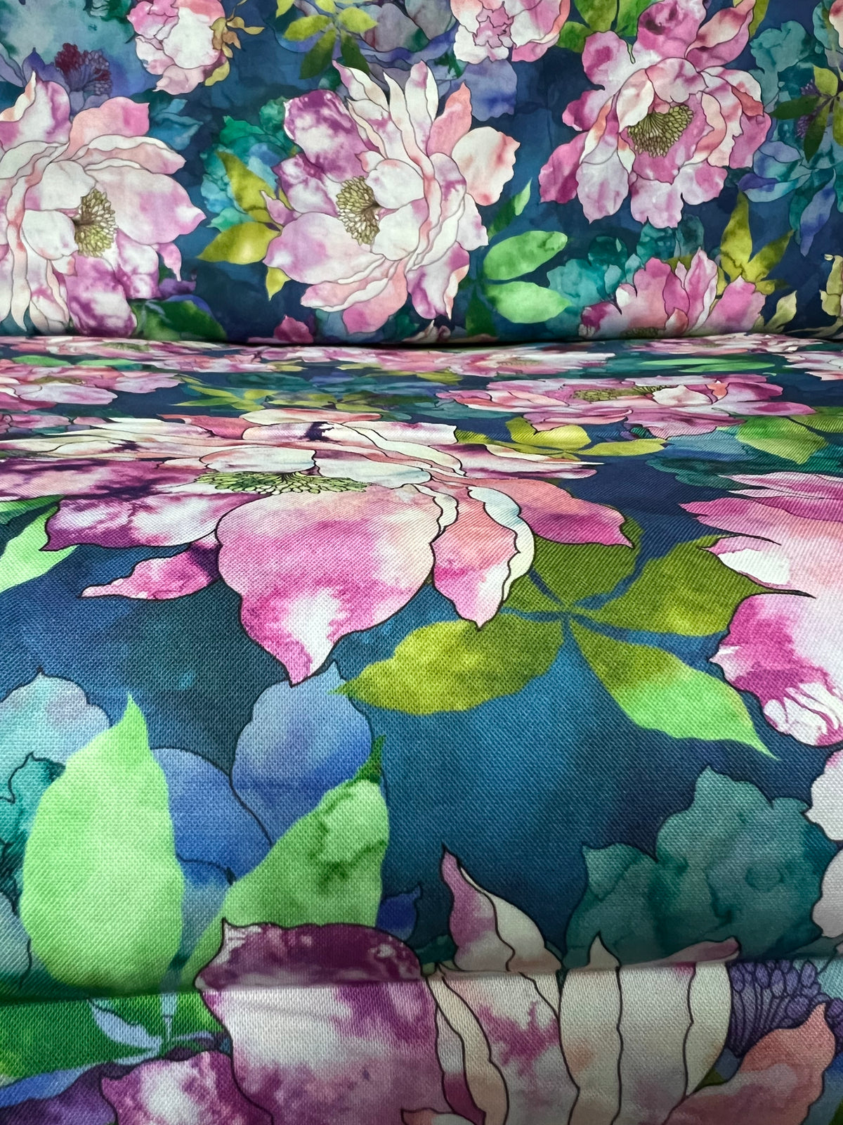Orchid, Coral, Green, Teal on Dark Blue, Large Florals- 44” Wide Cotton Fabric- “Hydrangea