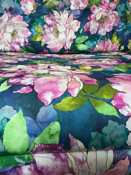 Orchid, Coral, Green, Teal on Dark Blue, Large Florals- 44” Wide Cotton Fabric- “Hydrangea"