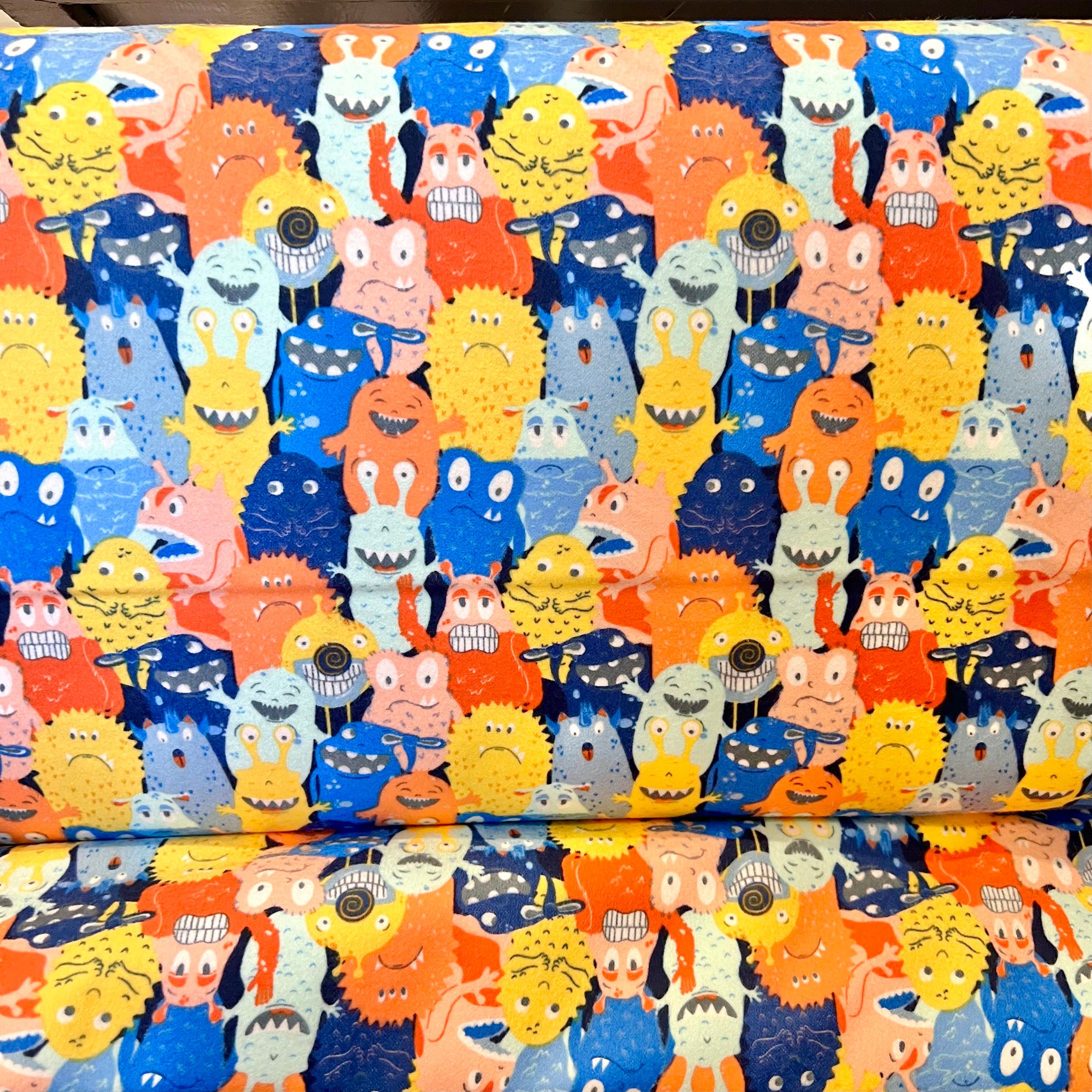 Monsters Yellow, Blue Cotton FLANNEL- “Monster Parade