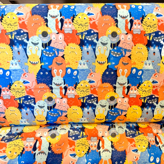 Monsters Yellow, Blue Cotton FLANNEL- “Monster Parade"- 44"