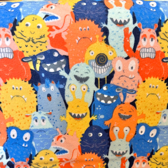 Monsters Yellow, Blue Cotton FLANNEL- “Monster Parade"- 44"