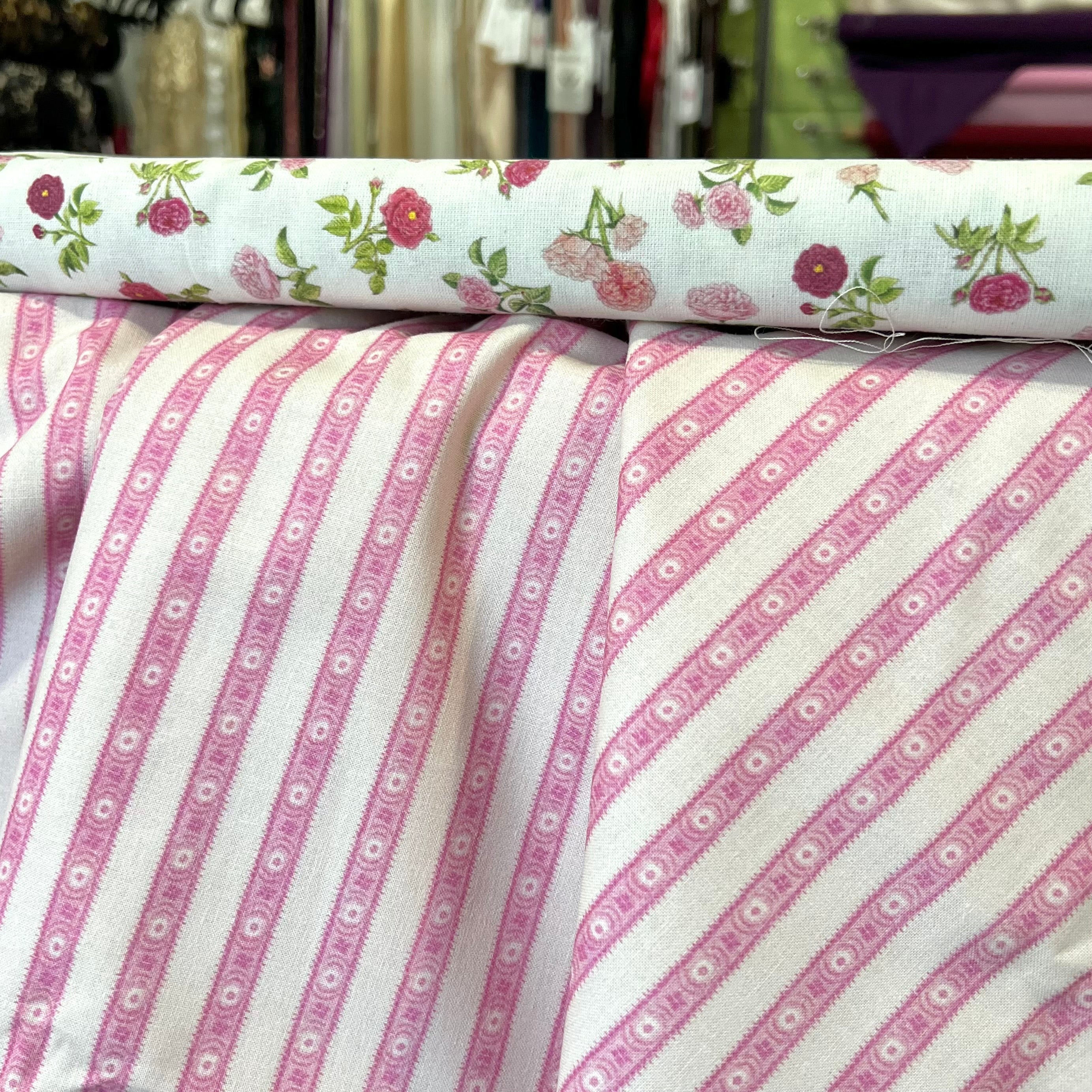 Half Yard- Sajou Pink and White Stripes- Cotton Fabric- 59