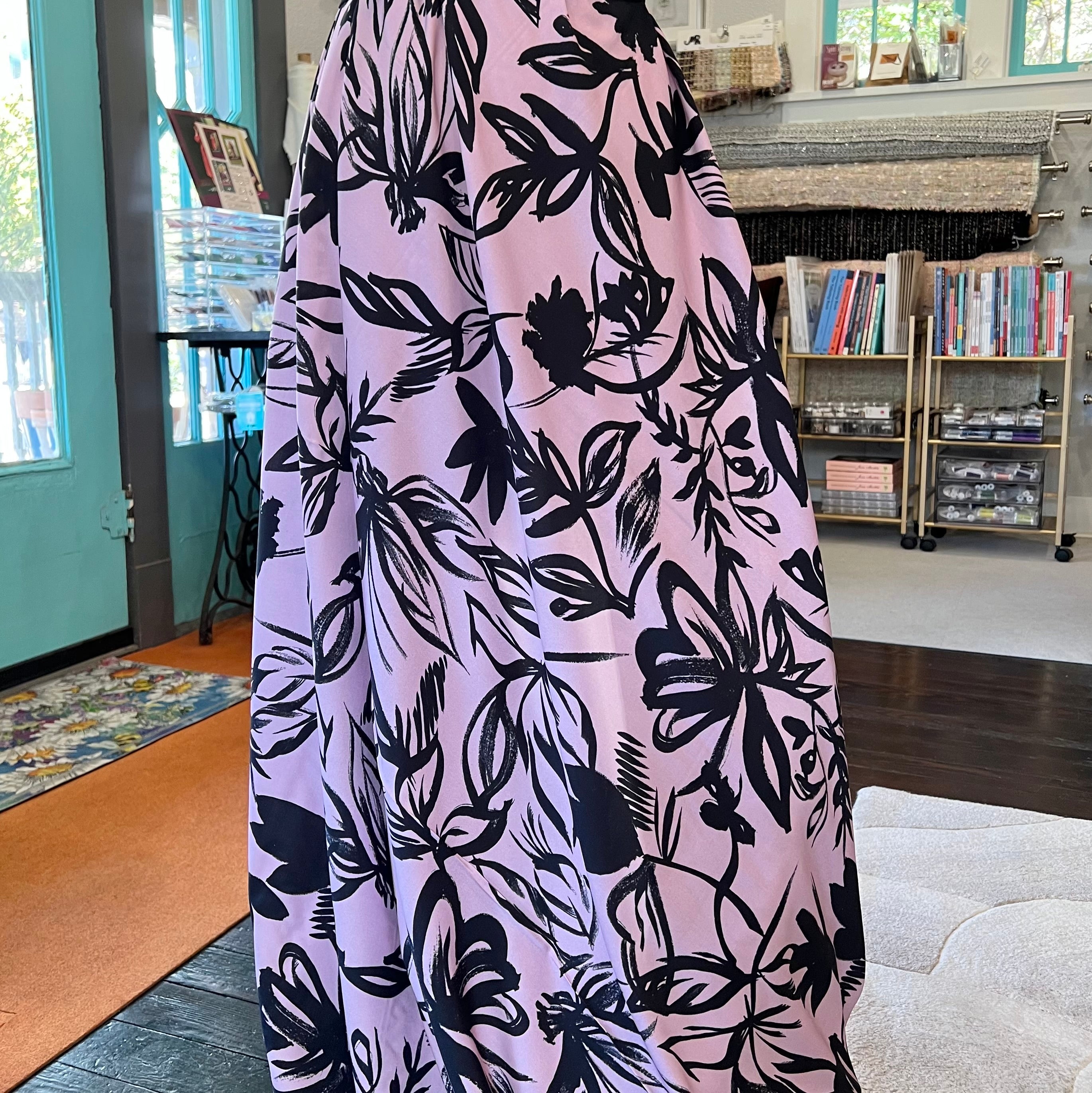 Atelier Jupe- Charcoal Flowers on Lilac Viscose Fabric- 57” Wide