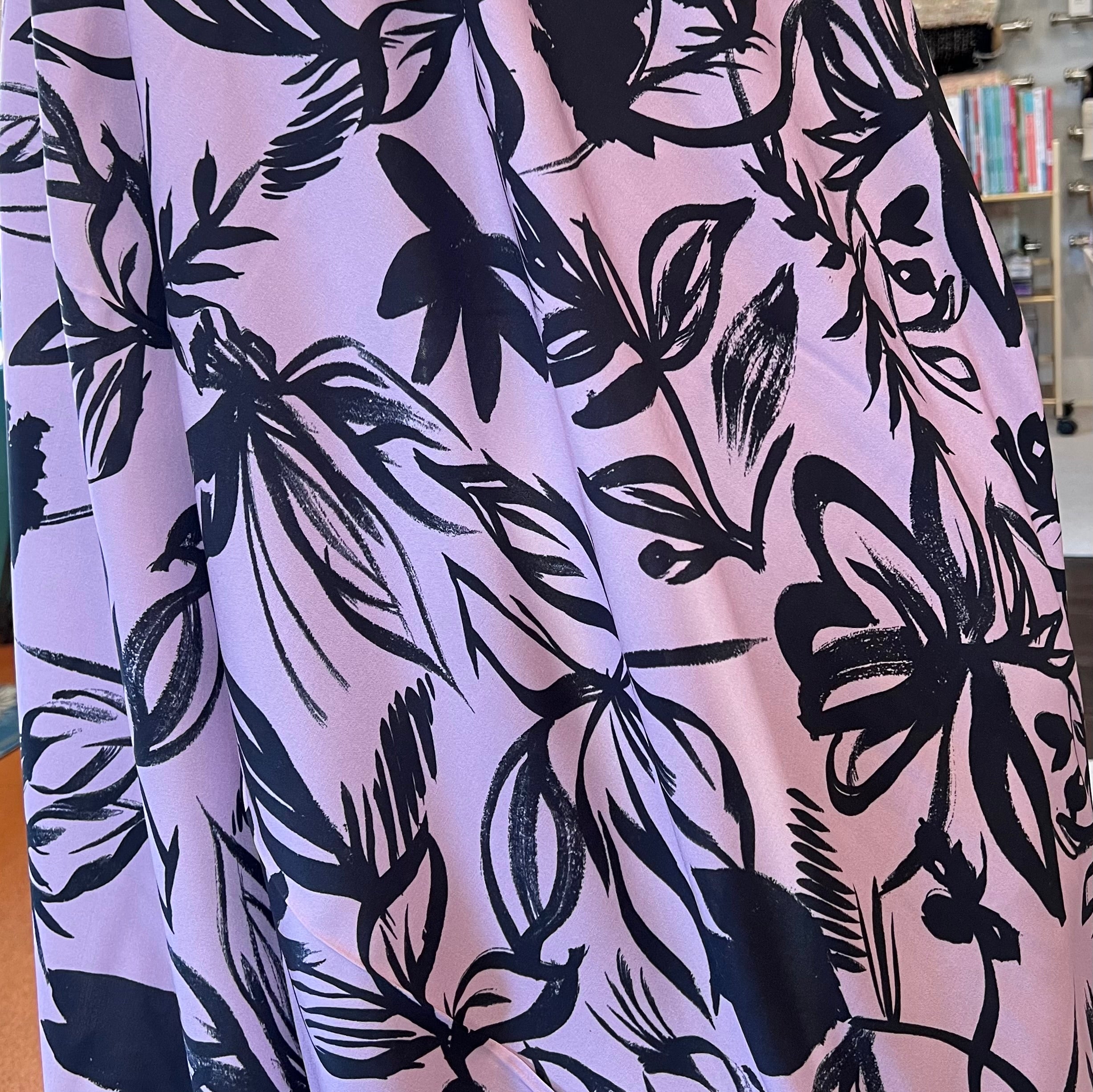 Atelier Jupe- Charcoal Flowers on Lilac Viscose Fabric- 57” Wide