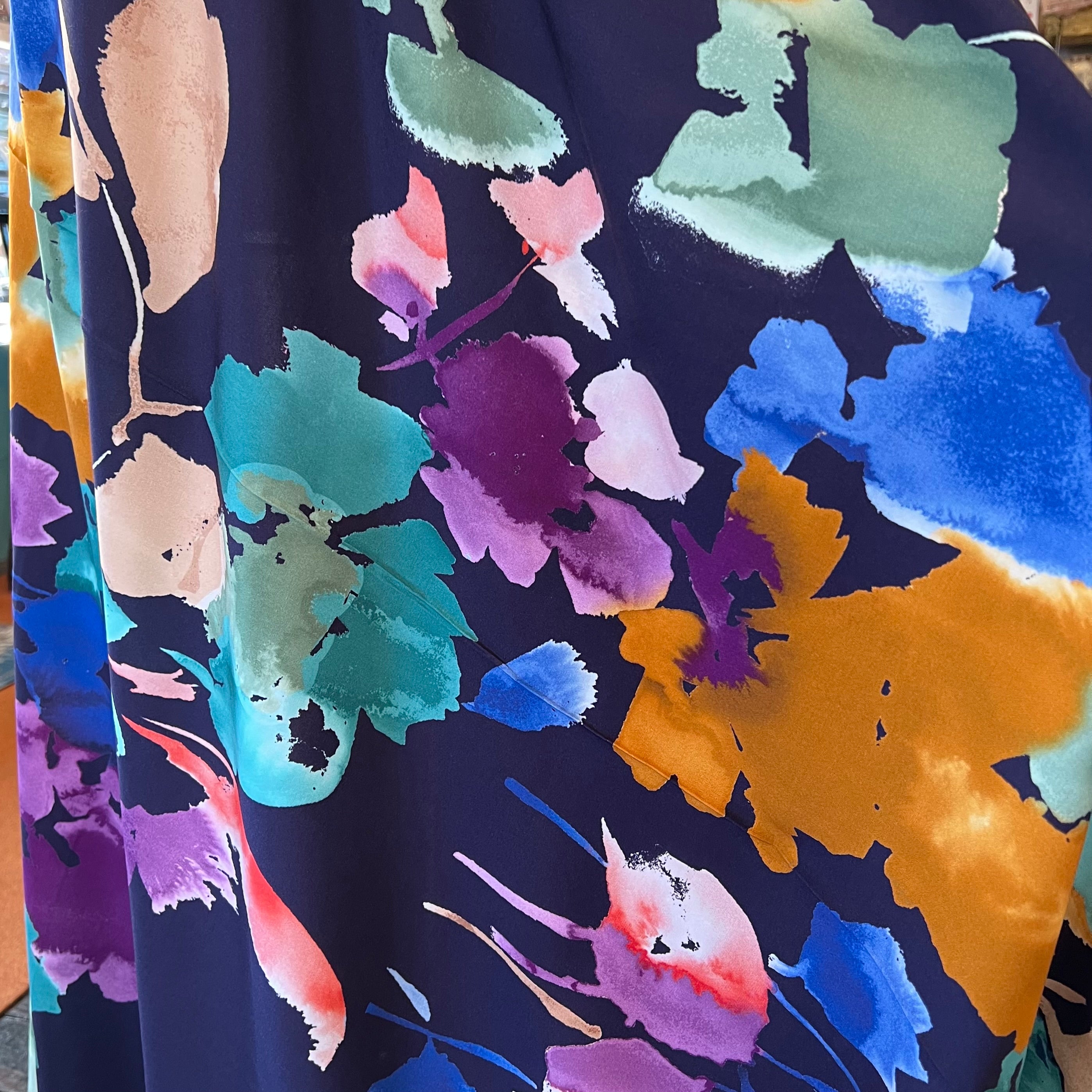 Atelier Jupe- Colorful Flowers on Dark Blue Viscose Fabric- 57” Wide