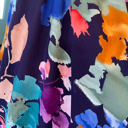Atelier Jupe- Colorful Flowers on Dark Blue Viscose Fabric- 57” Wide