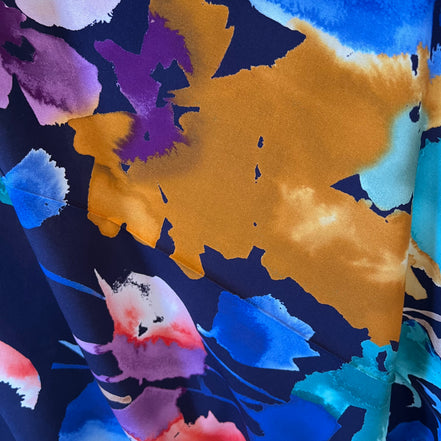 Atelier Jupe- Colorful Flowers on Dark Blue Viscose Fabric- 57” Wide
