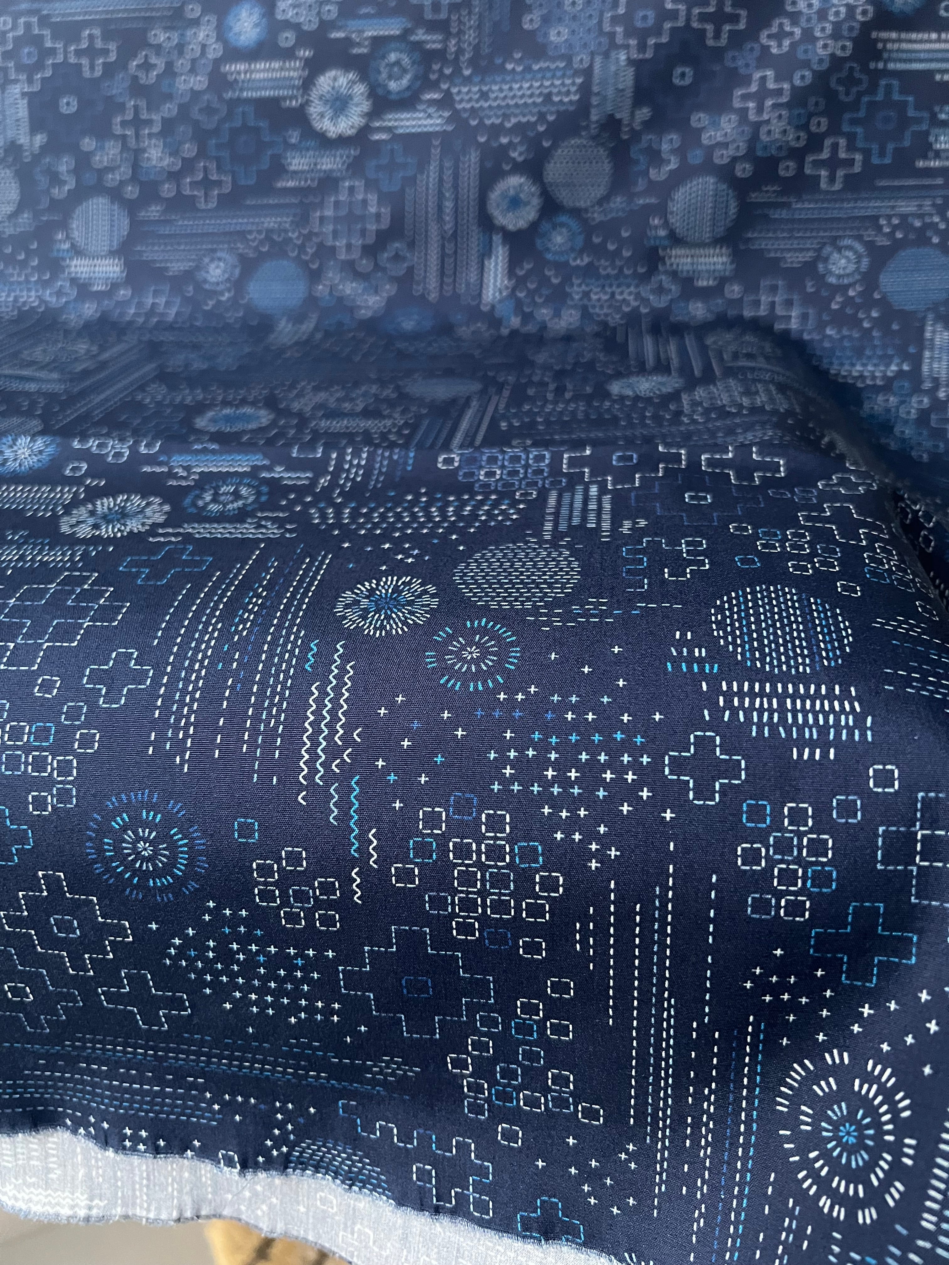 Navy Blue Sashiko Print Cotton Fabric - “Sashiko Craft Kurai