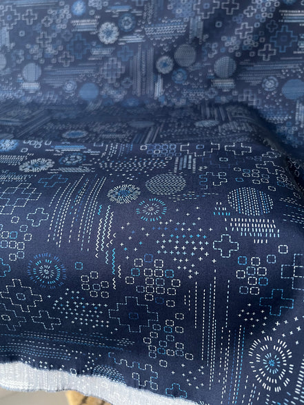 Navy Blue Sashiko Print Cotton Fabric - “Sashiko Craft Kurai"- Art Gallery- AGF
