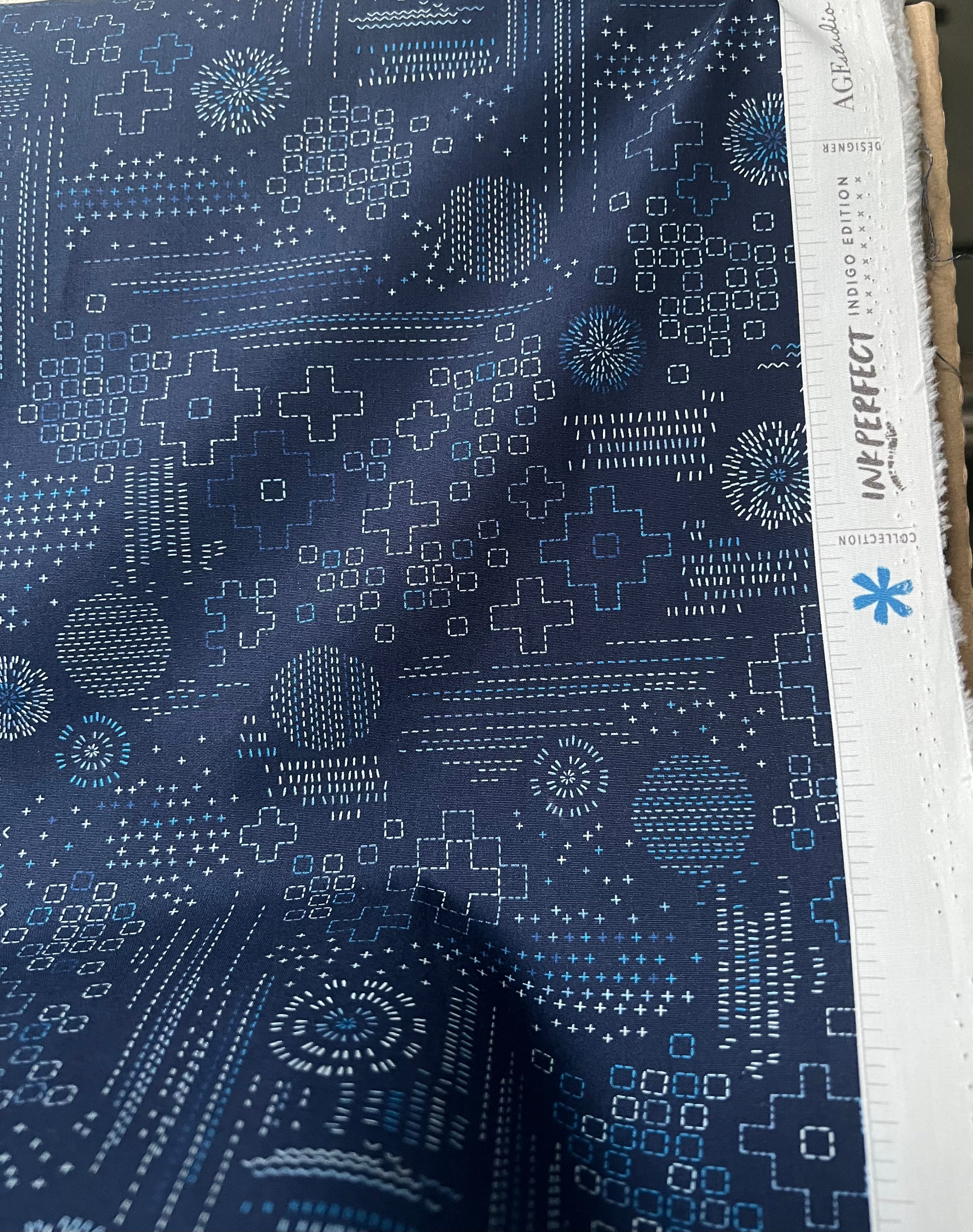 Navy Blue Sashiko Print Cotton Fabric - “Sashiko Craft Kurai