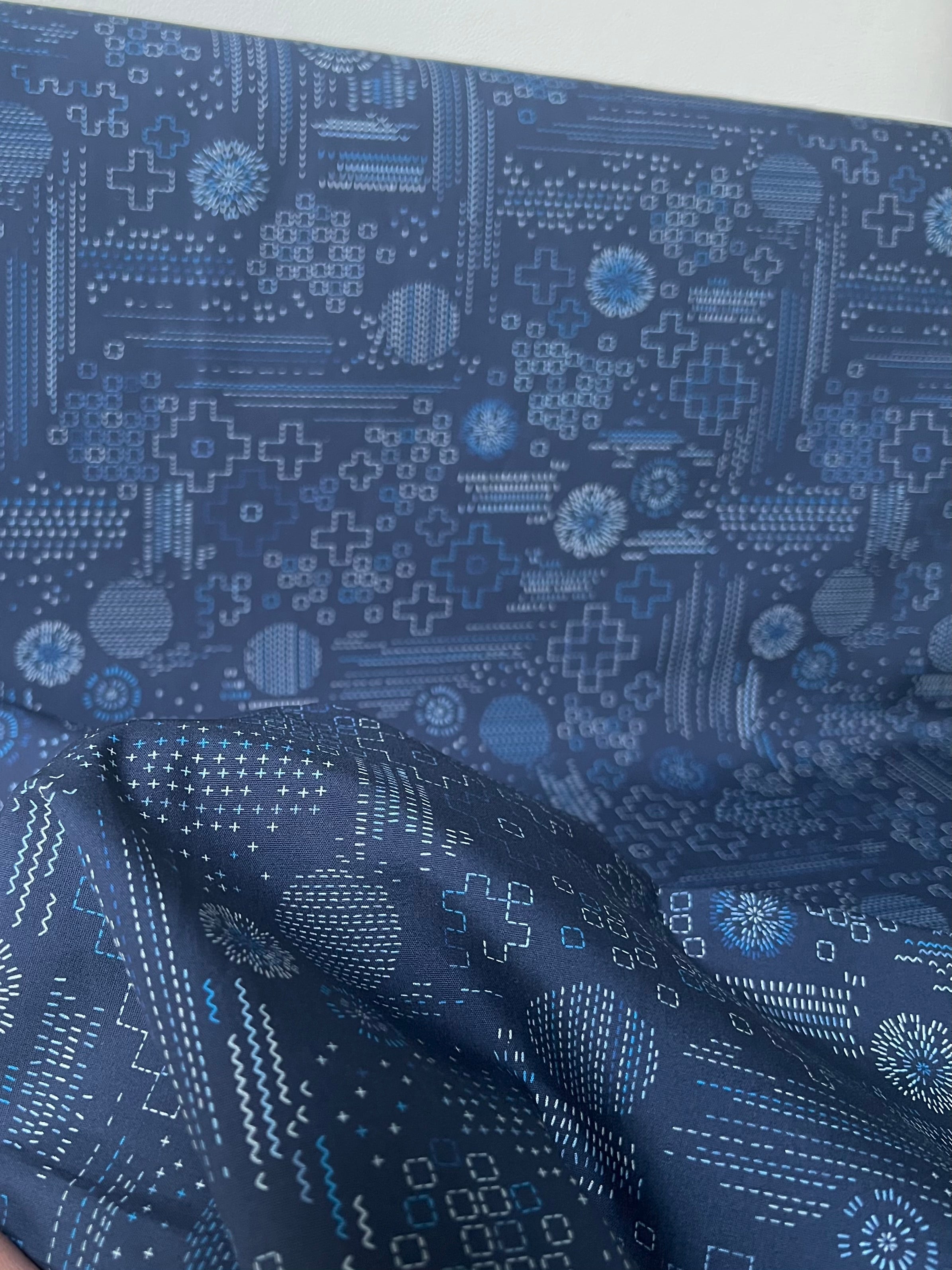 Navy Blue Sashiko Print Cotton Fabric - “Sashiko Craft Kurai