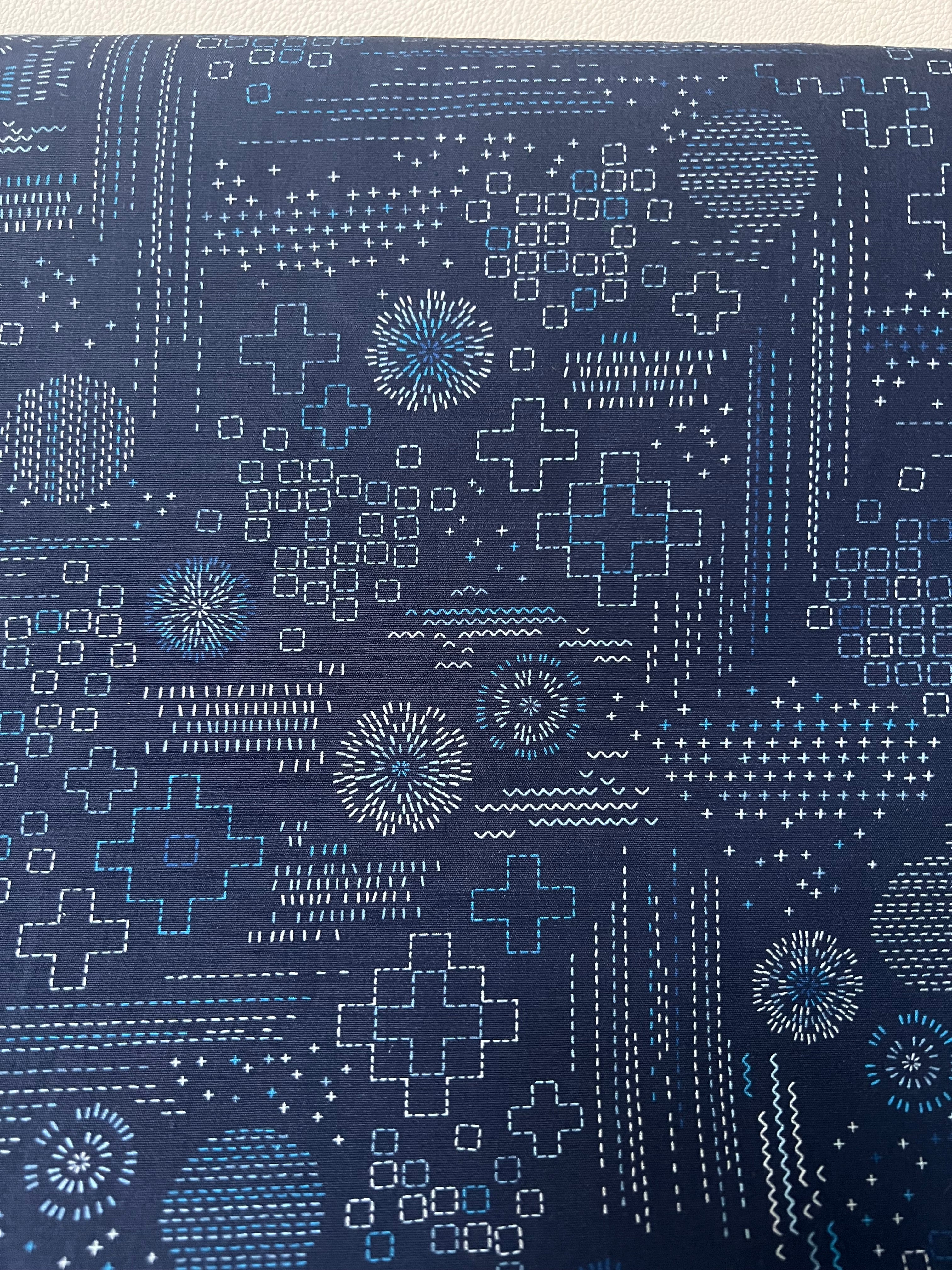 Navy Blue Sashiko Print Cotton Fabric - “Sashiko Craft Kurai