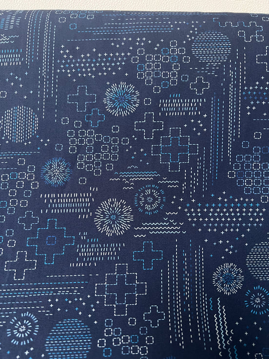 Navy Blue Sashiko Print Cotton Fabric - “Sashiko Craft Kurai"- Art Gallery- AGF