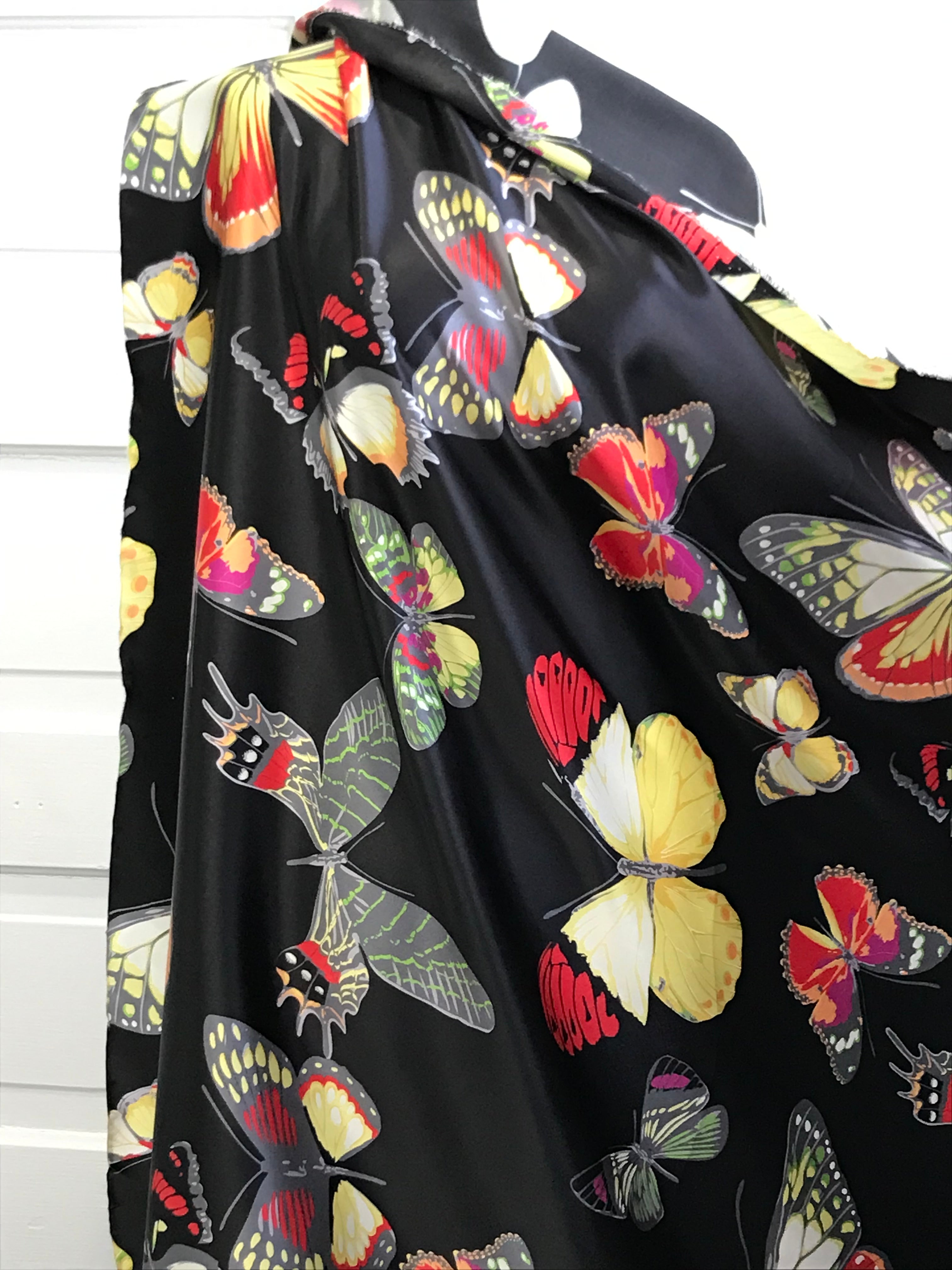 Big Colorful Butterflies on Black Silk Charmeuse- 45” Wide (344)