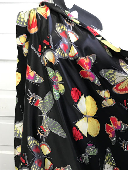 Big Colorful Butterflies on Black Silk Charmeuse- 45” Wide (344)