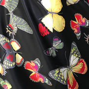 Big Colorful Butterflies on Black Silk Charmeuse- 45” Wide (344)