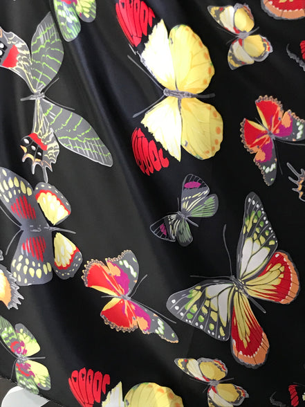 Big Colorful Butterflies on Black Silk Charmeuse- 45” Wide (344)