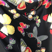 Big Colorful Butterflies on Black Silk Charmeuse- 45” Wide (344)