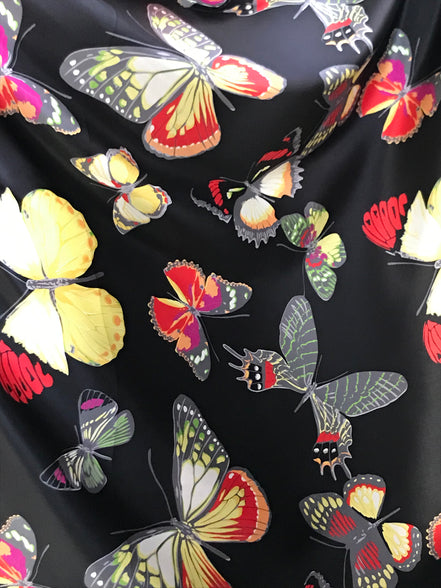 Big Colorful Butterflies on Black Silk Charmeuse- 45” Wide (344)