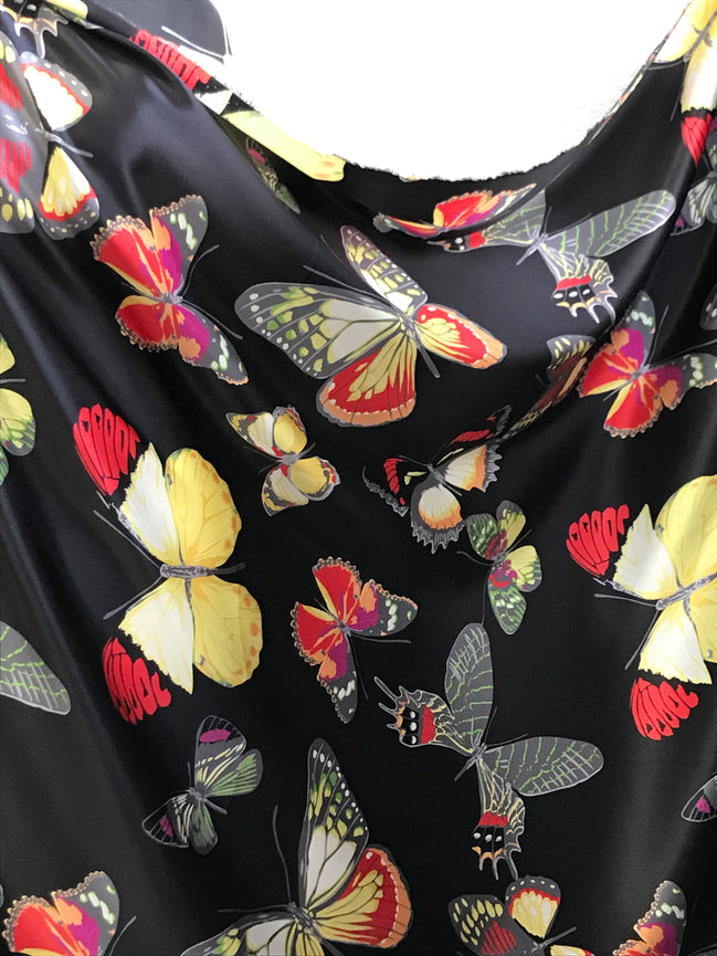 Big Colorful Butterflies on Black Silk Charmeuse- 45” Wide (344)